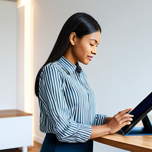 Home 8 A professional woman of diverse ethnicity in a modest, smart casual blouse and trousers, fully clothed, appropriate attire, professional dress, diligently adjusting settings on a modern Wi-Fi router on a sleek table. A tablet beside her displays a secure network configuration interface. The setting is a well-lit, contemporary smart home living room, featuring subtle smart home devices like a smart speaker and smart lighting, creating an atmosphere of technological sophistication and security. Professional photography, high resolution, perfect anatomy, correct proportions, natural pose, well-formed hands, proper finger count, natural body proportions, safe for work, appropriate content, fully clothed, professional, family-friendly.