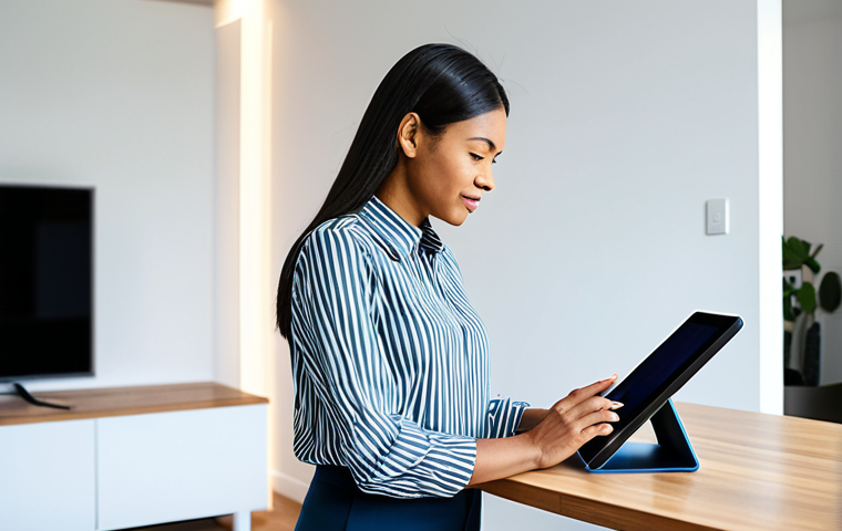 A professional woman of diverse ethnicity in a modest, smart casual blouse and trousers, fully clothed, appropriate attire, professional dress, diligently adjusting settings on a modern Wi-Fi router on a sleek table. A tablet beside her displays a secure network configuration interface. The setting is a well-lit, contemporary smart home living room, featuring subtle smart home devices like a smart speaker and smart lighting, creating an atmosphere of technological sophistication and security. Professional photography, high resolution, perfect anatomy, correct proportions, natural pose, well-formed hands, proper finger count, natural body proportions, safe for work, appropriate content, fully clothed, professional, family-friendly.