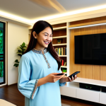 Smart Home Integration**

A cozy living room in a modern Malaysian home. A young woman, fully clothed in a modest baju kurung, smiles as she adjusts the smart thermostat on her phone. Soft, warm lighting fills the room, highlighting the various smart devices: a smart speaker on a bookshelf, a smart TV displaying a calming nature scene, and smart LED strip lights accenting the ceiling. A ceiling fan gently rotates overhead. The overall mood is comfortable, secure, and technologically advanced. Safe for work. Perfect anatomy, correct proportions, natural pose, well-formed hands, proper finger count. High quality rendering, professional photography.

**