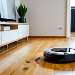 **

A modern living room scene featuring a robot vacuum cleaner autonomously cleaning a wooden floor. The room is tidy and well-lit, with modest furniture and decorative plants. In the background, a smart home device is visible on a shelf. The scene should convey cleanliness and technological convenience. fully clothed, safe for work, appropriate content, professional, perfect anatomy, natural proportions, high quality.

**