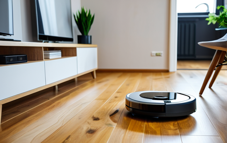 **

A modern living room scene featuring a robot vacuum cleaner autonomously cleaning a wooden floor. The room is tidy and well-lit, with modest furniture and decorative plants. In the background, a smart home device is visible on a shelf. The scene should convey cleanliness and technological convenience. fully clothed, safe for work, appropriate content, professional, perfect anatomy, natural proportions, high quality.

**